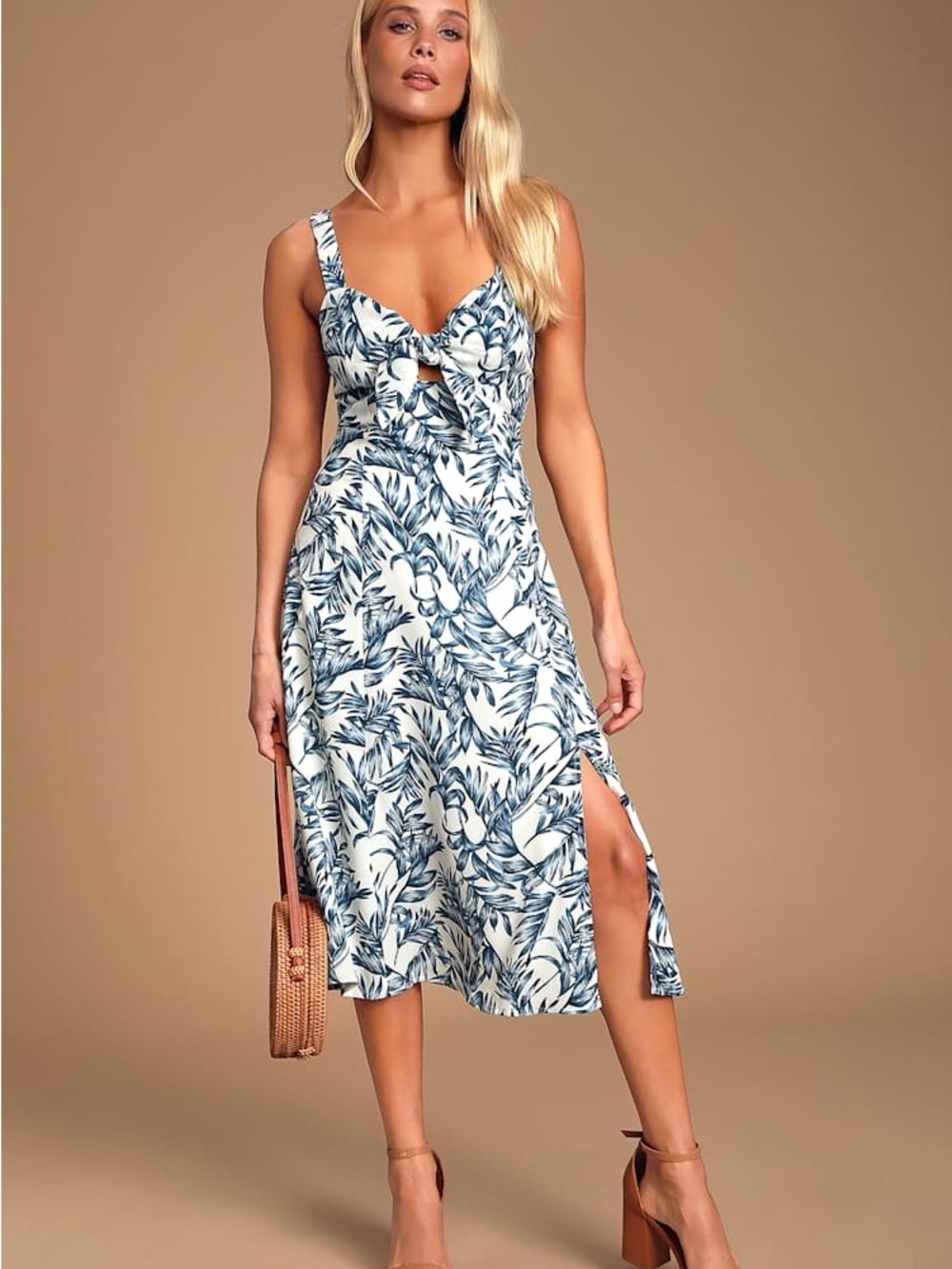 Lulu's White and Navy Tropical Cutout Midi Dress